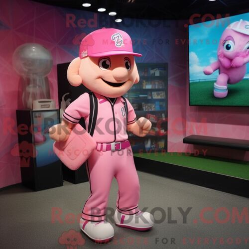 Personnage De Costume De Mascotte Redbrokoly Pink But Habillé Avec Un T-Shirt De Baseball Et Des Porte-Documents
