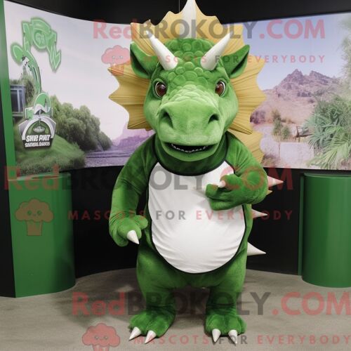 Costume De Mascotte Redbrokoly De Triceratops Vert Forêt Habillé D Un Débardeur Et D Un Porte-Monnaie