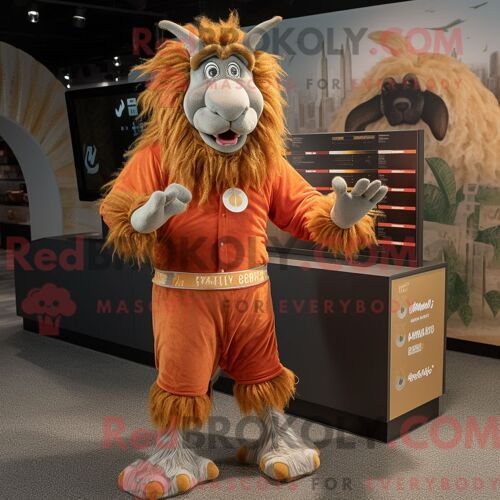 Personnage De Costume De Mascotte Redbrokoly De Chèvre Angora Rouille Habillé D Un Pantalon De Jogging Et D Un Porte-Monnaie