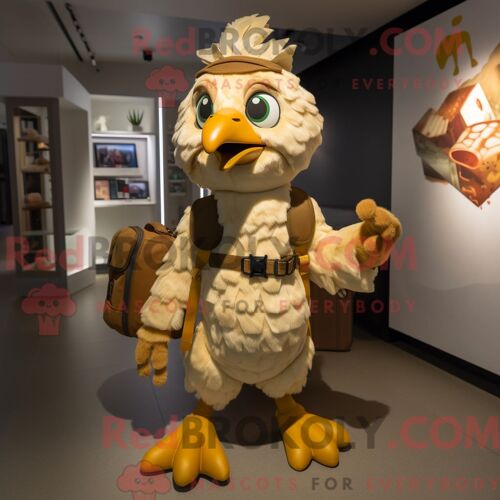 Costume De Mascotte Redbrokoly De Poulet Bronzé Habillé D Une Combishort Et De Sacs À Dos