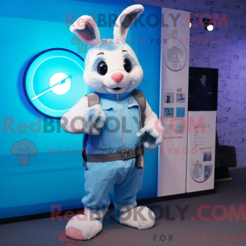 Costume De Mascotte Redbrokoly De Lapin Sauvage Bleu Ciel Habillé D Une Salopette Et De Montres Numériques
