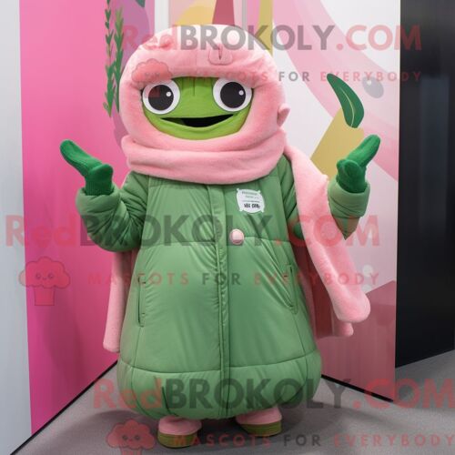 Personnage De Costume De Mascotte Redbrokoly De Haricot Vert Rose Habillé D Une Parka Et De Ceintures De Smoking