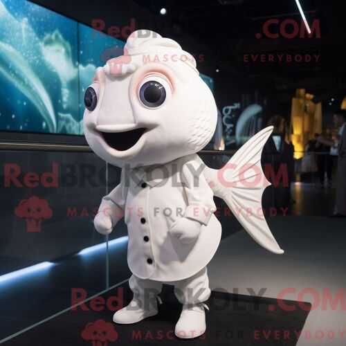 Costume De Mascotte Redbrokoly De Poisson Rouge Blanc Habillé D Une Jupe Et De Boutons De Manchette