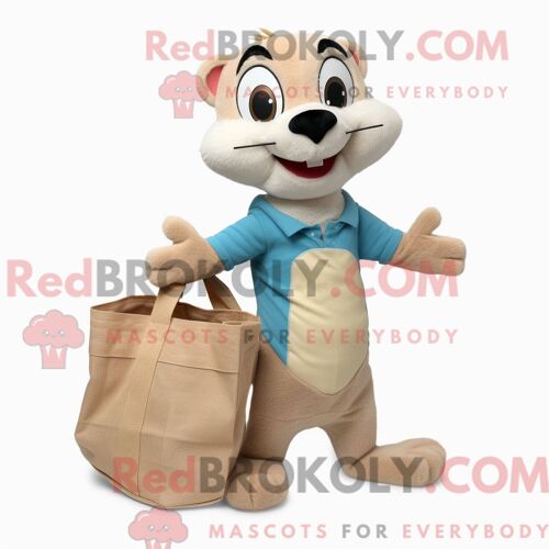 Mascotte Redbrokoly De Belette Beige Costume De Personnage Habillé Avec Un Jean Et Des Cabas