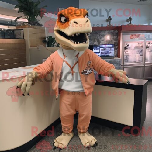 Costume Mascotte Redbrokoly D Allosaure Pêche Personnage Habillé Avec Un Sweat Et Des Bretelles