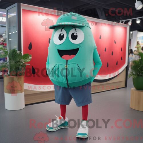 Costume De Mascotte Redbrokoly De Pastèque Bleu Sarcelle Habillé Avec Un Pantalon Et Des Lacets De Chaussures