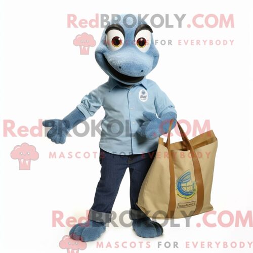 Costume Mascotte Redbrokoly De Python Bleu Habillé D Une Chemise En Chambray Et De Sacs Fourre-Tout
