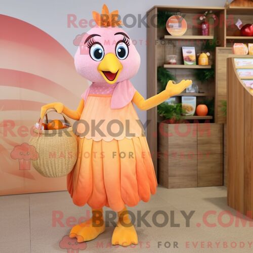 Personnage De Costume De Mascotte Redbrokoly De Poulet Pêche Habillé Avec Une Robe De Cocktail Et Des Sacs Fourre-Tout
