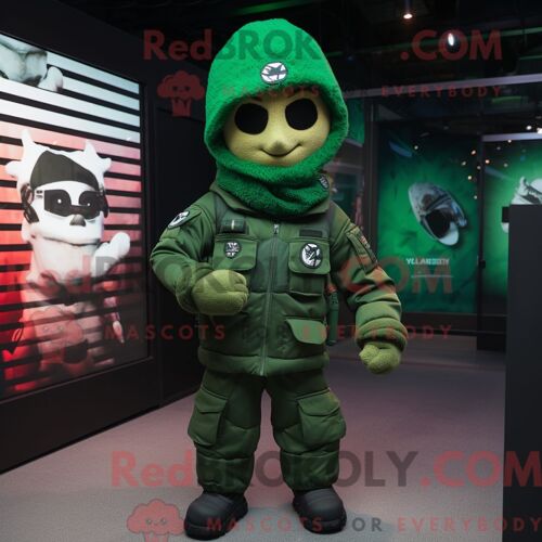 Costume Mascotte Redbrokoly De Para Commando Vert Personnage Habillé Avec Une Veste Et Des Bonnets