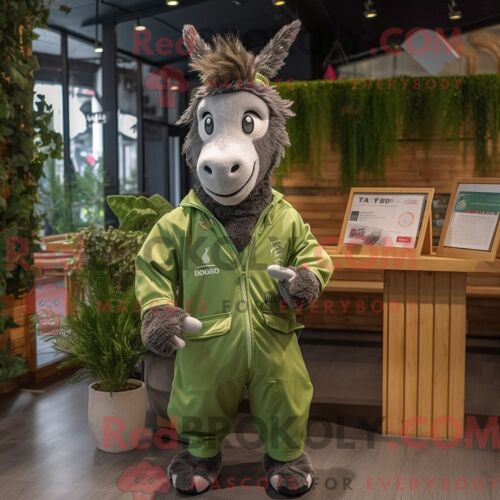 Costume Mascotte Redbrokoly D Âne Vert Forêt Personnage Habillé Avec Un Coupe-Vent Et Des Pinces À Cheveux