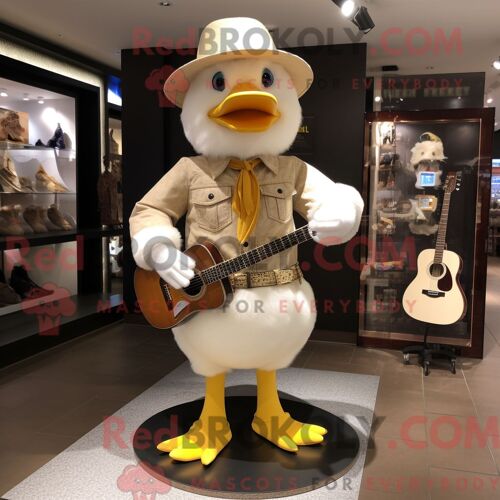 Costume Mascotte Redbrokoly De Canard Beige Habillé D Un Jean Évasé Et De Ceintures