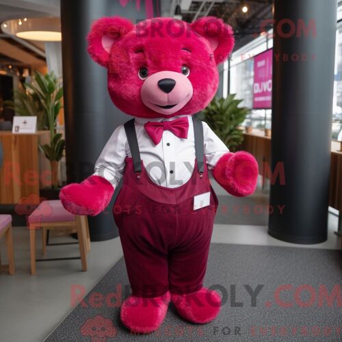 Costume De Mascotte Redbrokoly D Ours En Peluche Magenta Personnage Habillé D Une Salopette Et De Noeuds Papillons