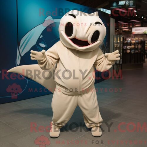 Costume Mascotte Redbrokoly De Raie Manta Beige Personnage Habillé Avec Un Pantalon De Jogging Et Des Bracelets