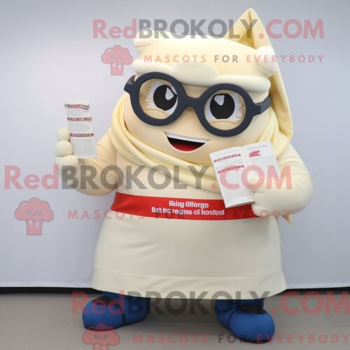 Costume De Mascotte Redbrokoly De Super-Héros Crème Personnage Habillé D Une Salopette Et De Lunettes De Lecture