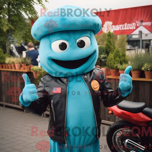 Costume De Mascotte Redbrokoly De Currywurst Turquoise Habillé D Une Veste De Motard Et De Casquettes