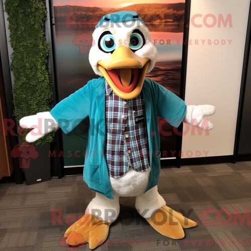Costume De Mascotte Redbrokoly De Docteur Bleu Sarcelle Habillé D Une Chemise En Flanelle Et De Châles
