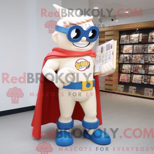 Costume De Mascotte Redbrokoly De Super-Héros Crème Personnage Habillé D Une Salopette Et De Lunettes De Lecture