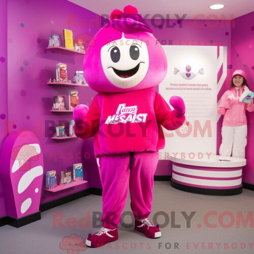 Personnage Mascotte Redbrokoly Magenta Candy Box Habillé Avec Un Pantalon De Jogging Et Un Bonnet