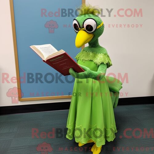 Costume De Mascotte Redbrokoly De Pigeon Voyageur Vert Citron Habillé D Une Robe De Soirée Et De Lunettes De Lecture