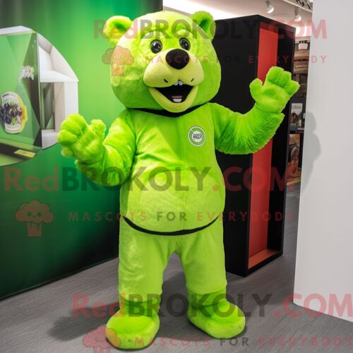 Costume Mascotte Redbrokoly D Ours Vert Citron Personnage Habillé Avec Un T-Shirt Et Des Broches