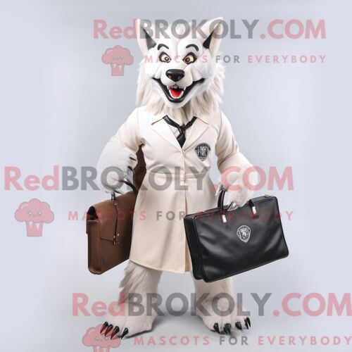 Personnage De Costume De Mascotte Redbrokoly De Loup-Garou Blanc Habillé Avec Une Jupe Trapèze Et Des Porte-Documents