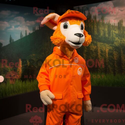 Mascotte Redbrokoly De Personnage De Chèvre Orange Habillé Avec Un Coupe-Vent Et Des Casquettes