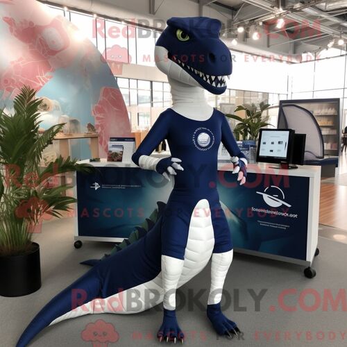 Costume Mascotte Redbrokoly Spinosaurus Bleu Marine Habillé D Un Pantalon De Yoga Et De Boutons De Manchette