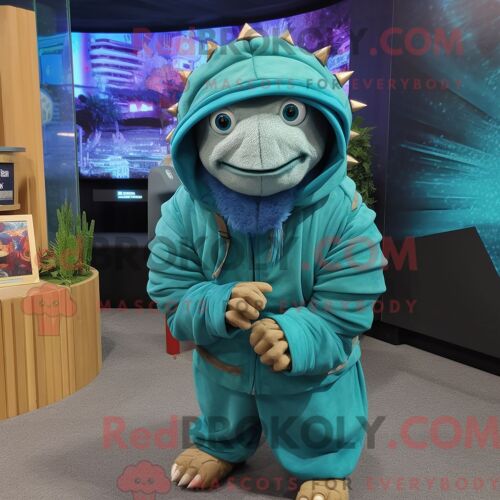 Costume De Mascotte Redbrokoly De Trilobite Turquoise Habillé D Un Sweat À Capuche Et De Ceintures De Smoking