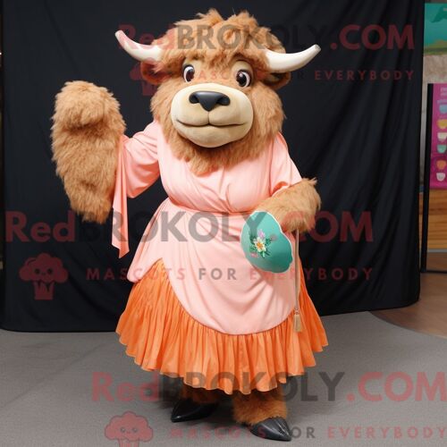 Costume De Mascotte Redbrokoly De Bison Pêche Personnage Habillé Avec Une Jupe Plissée Et Des Épingles À Châle