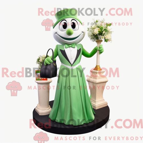 Costume Mascotte Redbrokoly De Sablier Vert Personnage Habillé Avec Une Robe De Mariée Et Des Sacs À Main