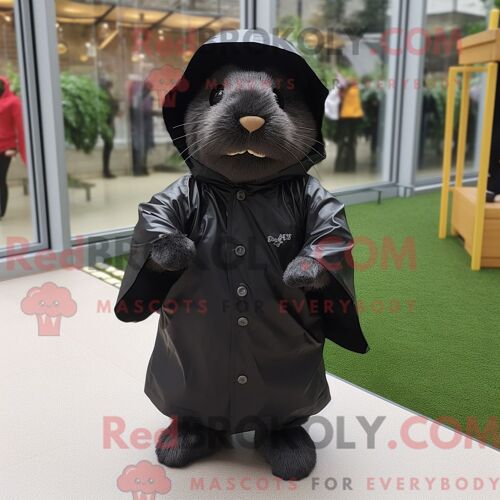 Costume De Mascotte Redbrokoly De Cochon D Inde Noir Personnage Habillé D Un Imperméable Et De Coussinets De Pieds