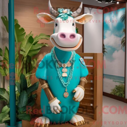 Costume De Mascotte Redbrokoly De Vache En Jersey Bleu Sarcelle Habillé D Une Robe Fourreau Et De Colliers