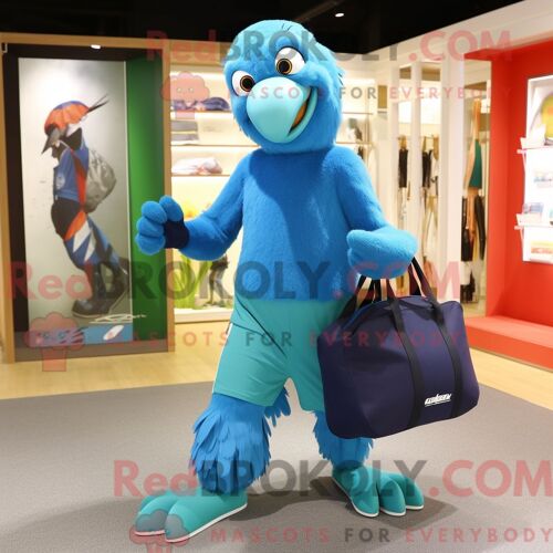 Personnage Mascotte Redbrokoly De Perroquet Cyan Habillé D Un Pantalon De Jogging Et De Sacs Fourre-Tout
