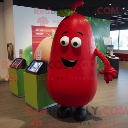 Costume Mascotte Redbrokoly De Concombre Rouge Habillé D Une Blouse Et De Bracelets
