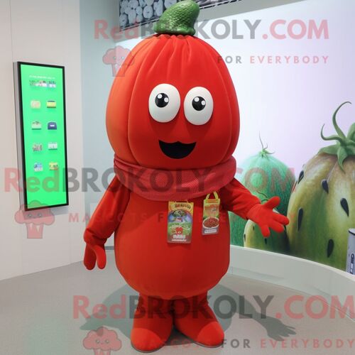 Costume Mascotte Redbrokoly De Concombre Rouge Habillé D Une Blouse Et De Bracelets