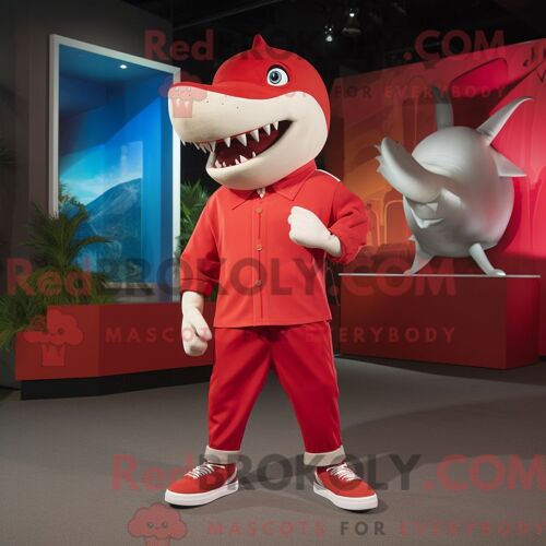 Personnage De Costume De Mascotte Redbrokoly De Requin Rouge Habillé Avec Une Chemise Boutonnée Et Des Pinces À Chaussures