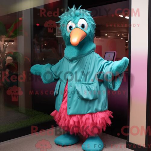 Costume De Mascotte Redbrokoly De Flamant Rose Sarcelle Habillé D Un Imperméable Et De Pinces À Cheveux
