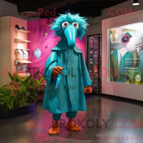 Costume De Mascotte Redbrokoly De Flamant Rose Sarcelle Habillé D Un Imperméable Et De Pinces À Cheveux