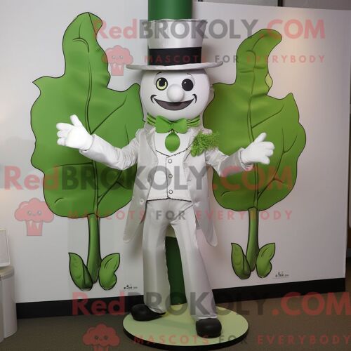 Costume De Mascotte Redbrokoly Silver Beanstalk Habillé Avec Un Blazer Et Des Épingles À Chapeau
