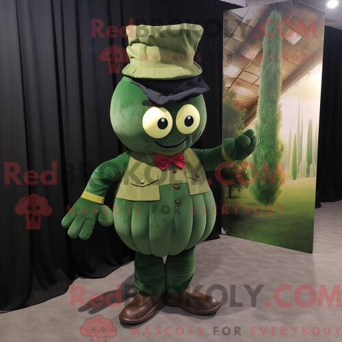 Costume De Mascotte Redbrokoly De Grenade Vert Forêt Habillé D Un Pantalon En Velours Côtelé Et De Noeuds Papillons