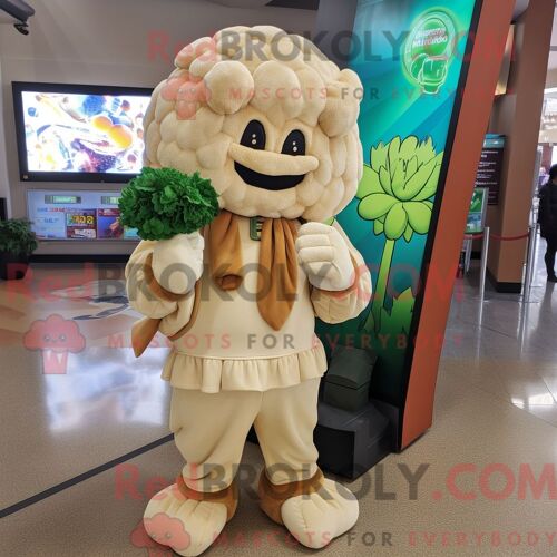 Costume De Mascotte Redbrokoly De Chou-Fleur Beige Habillé D Un T-Shirt À Col En V Et De Boucles D Oreilles