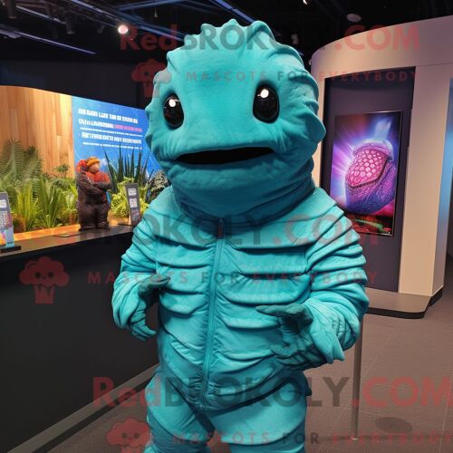Costume De Mascotte Redbrokoly De Trilobite Turquoise Habillé D Un Sweat À Capuche Et De Ceintures De Smoking