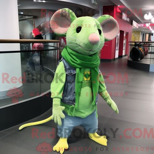Costume De Mascotte Redbrokoly De Rat Vert Citron Habillé D Un Jean Et D Écharpes