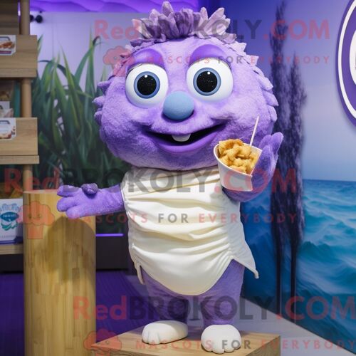 Personnage De Costume De Mascotte Redbrokoly De Fish And Chips De Lavande Habillé Avec Un Maillot De Bain Et Des Bagues