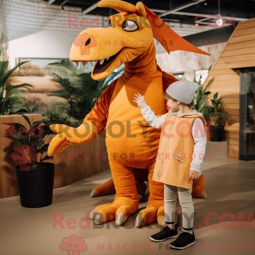 Costume Mascotte Redbrokoly De Spinosaurus Orange Personnage Habillé D Un Pantalon En Velours Côtelé Et De Montres