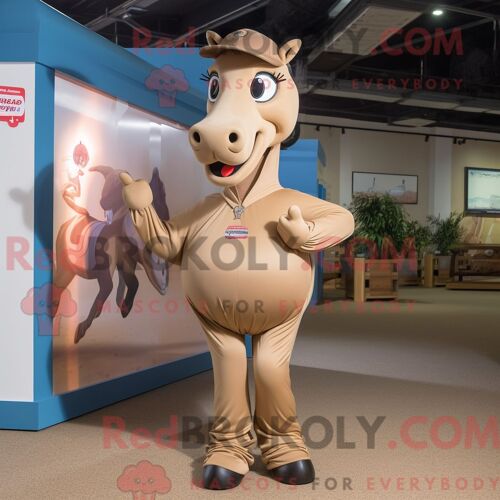 Personnage De Costume De Mascotte Redbrokoly De Fer À Cheval Beige Habillé Avec Un Jegging Et Des Épingles À Cheveux