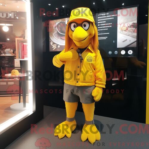 Costume Mascotte Redbrokoly D Aigle Jaune Habillé Avec Une Mini Jupe Et Des Bonnets