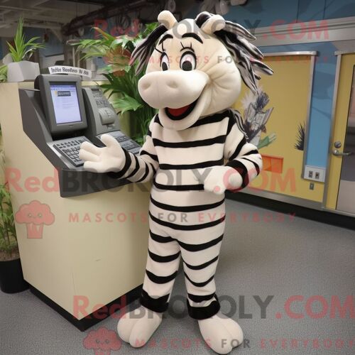 Costume Mascotte Redbrokoly De Zèbre Crème Personnage Habillé Avec Un Débardeur Et Des Lacets De Chaussures