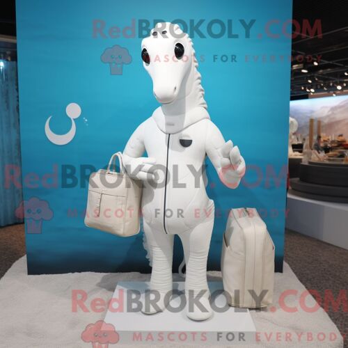 Costume Mascotte Redbrokoly D Hippocampe Blanc Personnage Habillé Avec Un Maillot De Bain Une Pièce Et Des Porte-Documents