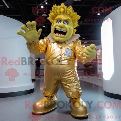 Personnage De Costume De Mascotte Redbrokoly De Paire De Patins À Glace Marron Habillé Avec Un Jean Et Des Sacs Fourre-Tout